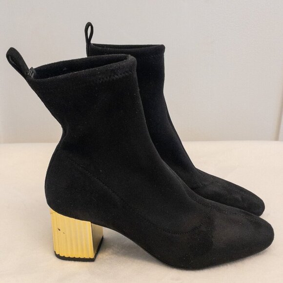 Michael Kors Black Suede Stretch Sock Ankle Booties w/ Gold Block Heel – Size 7 - Picture 4 of 7